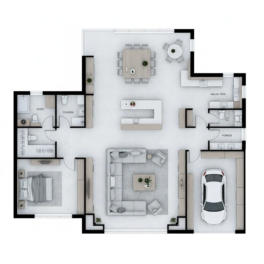 Denah lantai satu rumah mewah dengan ruang keluarga besar