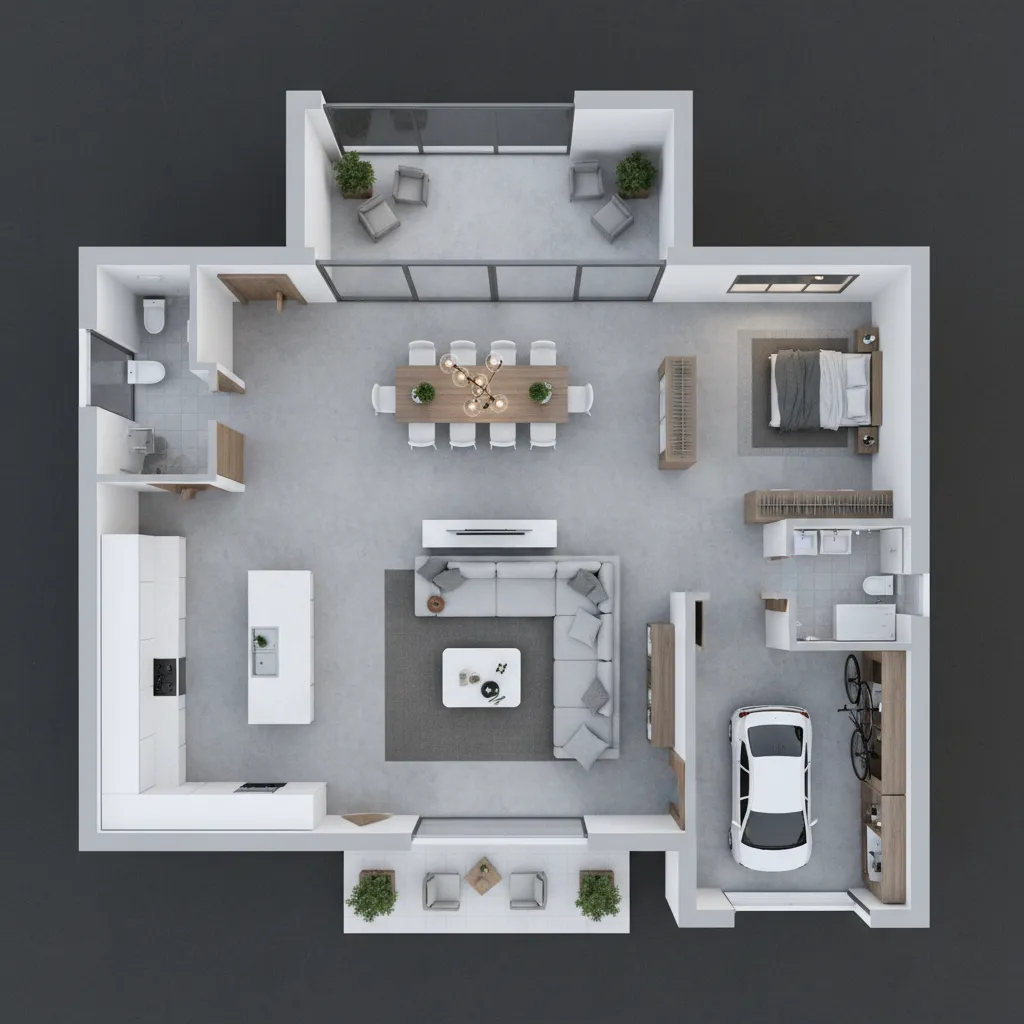 Interior design drawing featuring open kitchen living area dining table bedroom balcony and private garage
