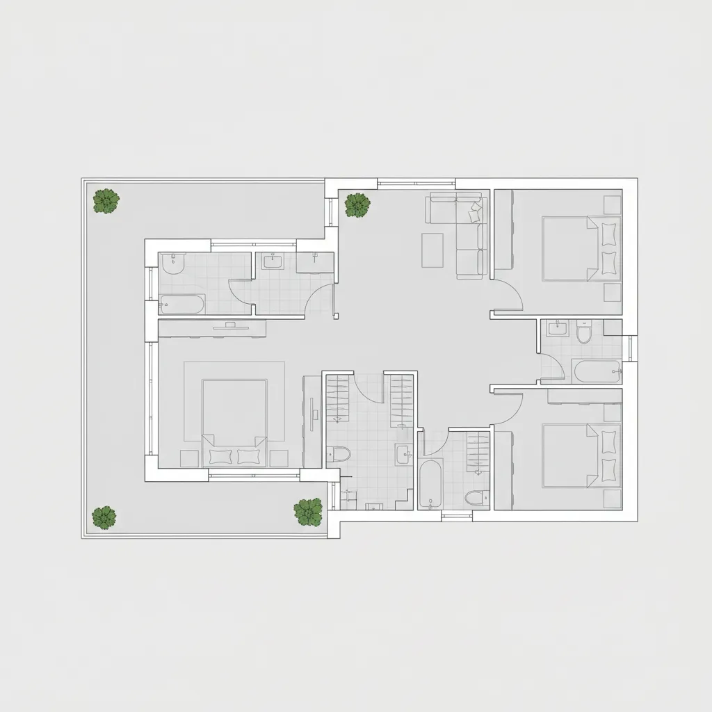 Overhead 2D floor plan of three bedroom apartment with living area bathrooms and large balcony