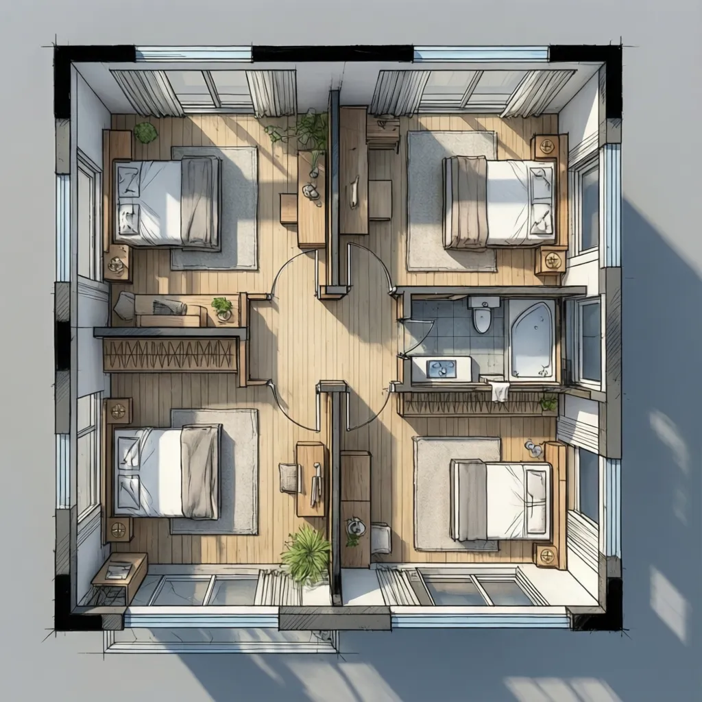 Interior design drawing showing four bedroom house layout with wooden floors and a small bathroom