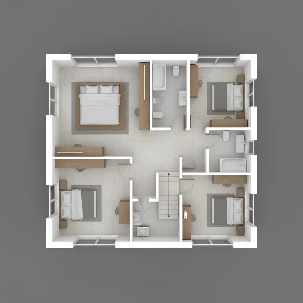 Top-down interior design drawing of a floor layout with four bedrooms, two bathrooms, and stairs