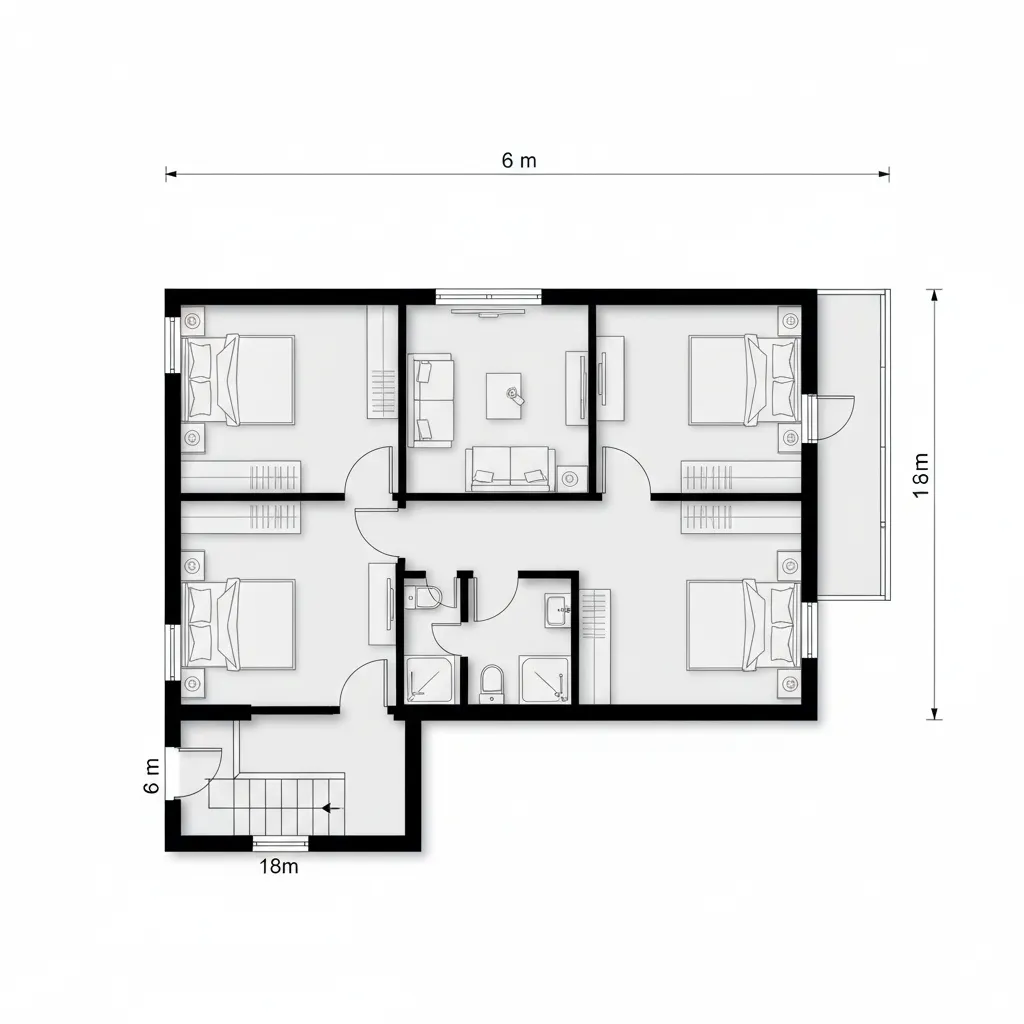 Ilustrasi denah lantai dua rumah 6x18