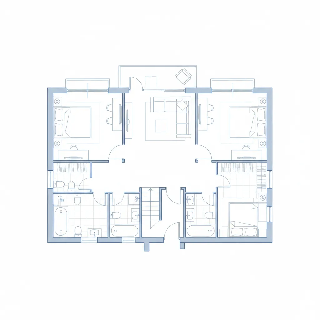 Blue and white 2D floor plan layout showing bedrooms bathrooms living room and top balconies