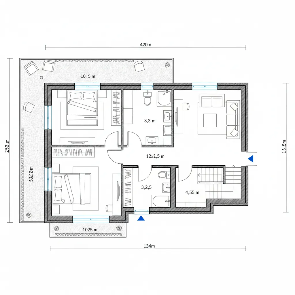Interior design drawing showing house floor plan with two bedrooms living area bathroom and balcony