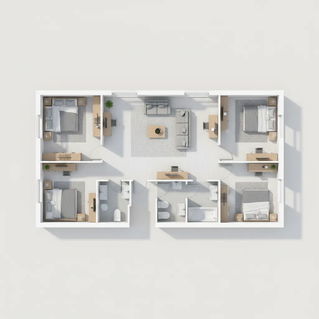 Interior design drawing of a four bedroom apartment with central living area sofas and bathrooms