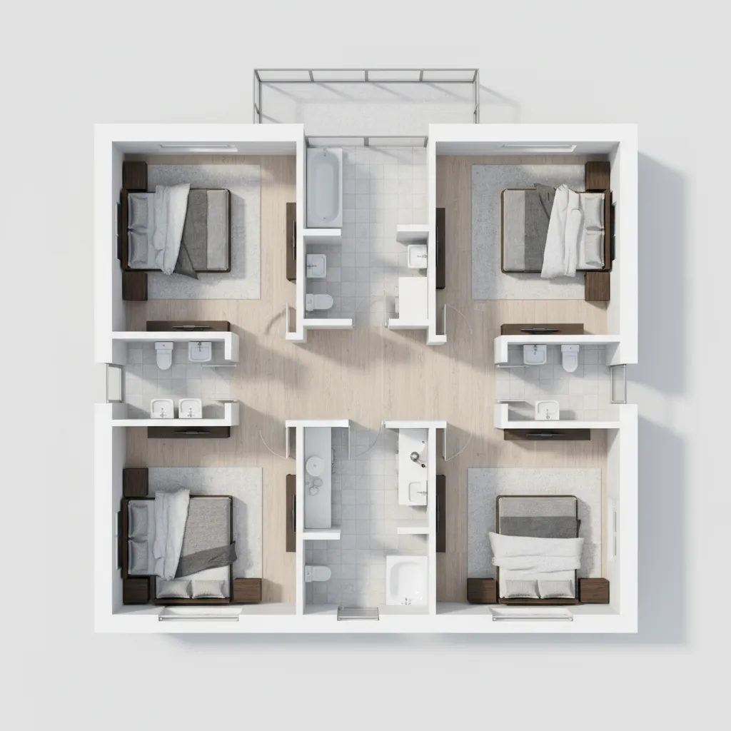 Denah lantai atas rumah dengan kamar tidur dan ruang keluarga