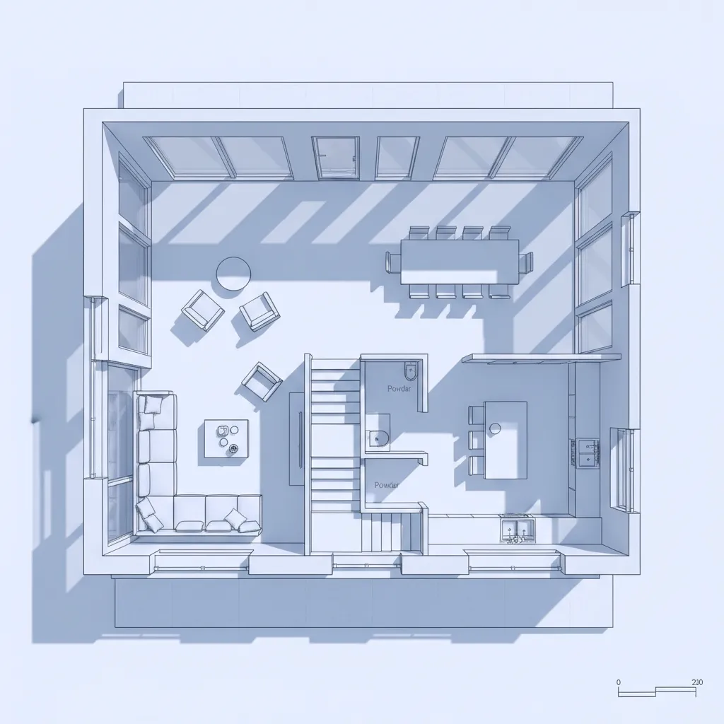 Denah lantai bawah rumah dua lantai dengan ruang tamu dan dapur