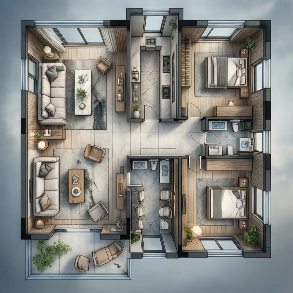 Modern interior design drawing with two bedrooms living room kitchen wooden floor and natural lighting