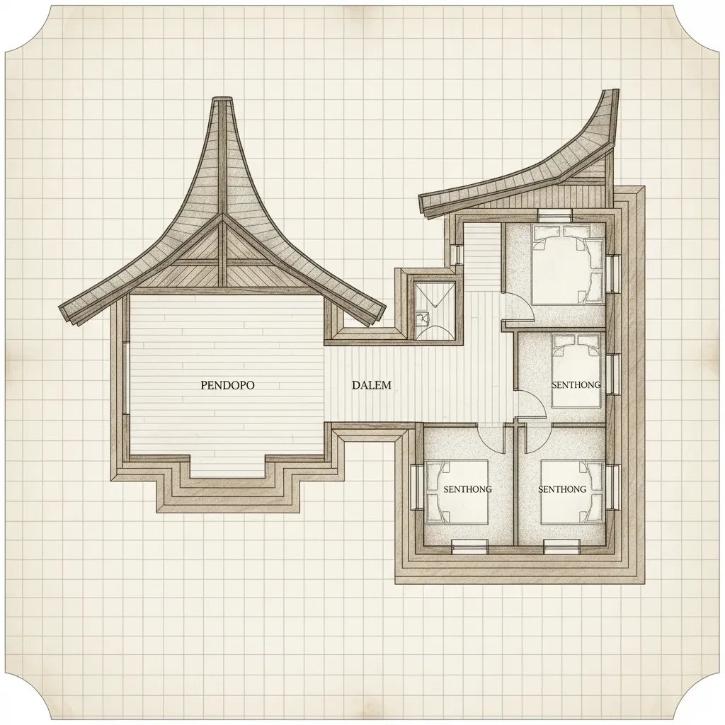 Diagram denah rumah limasan Jawa dengan pendopo dan dalem