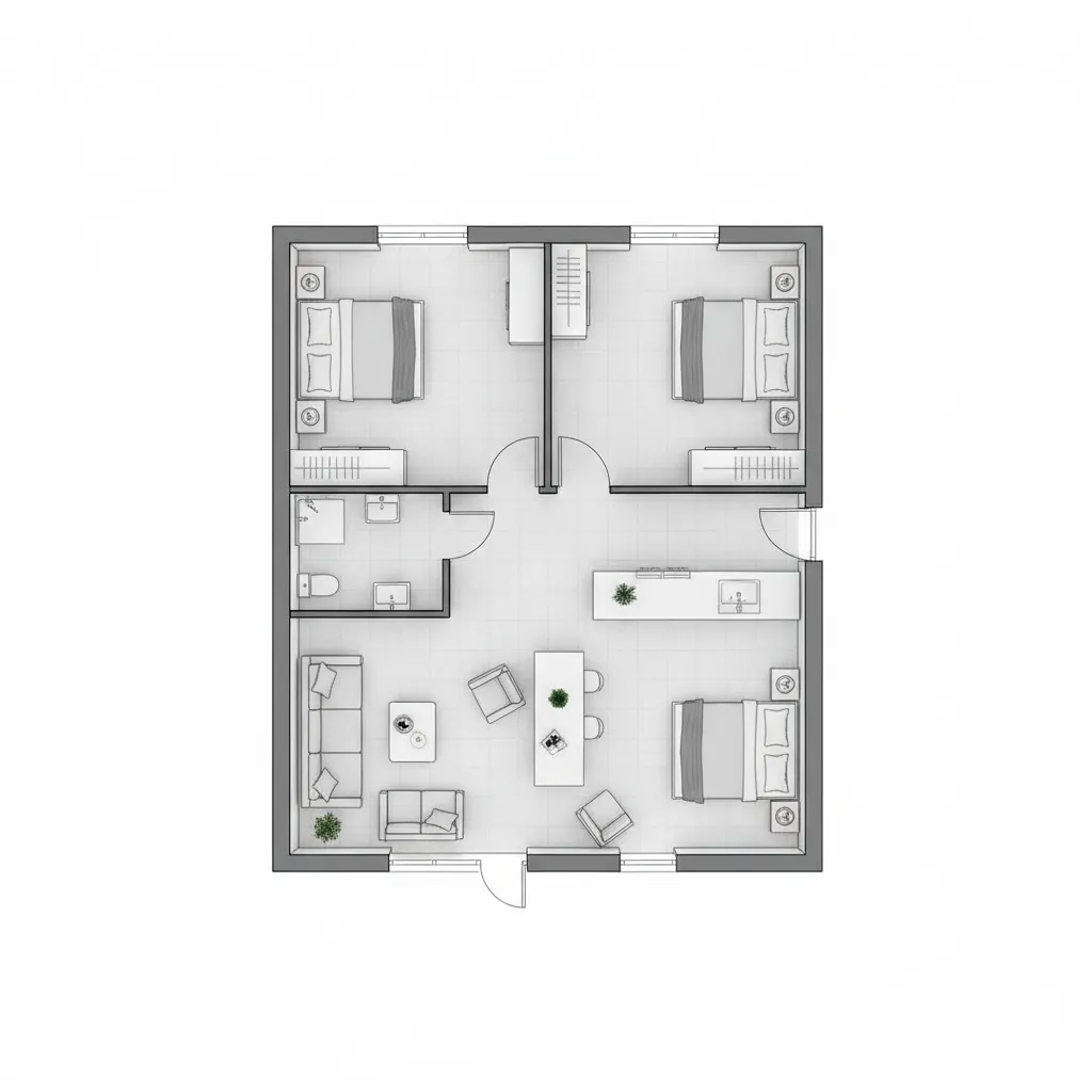 Denah linear rumah kecil dua kamar