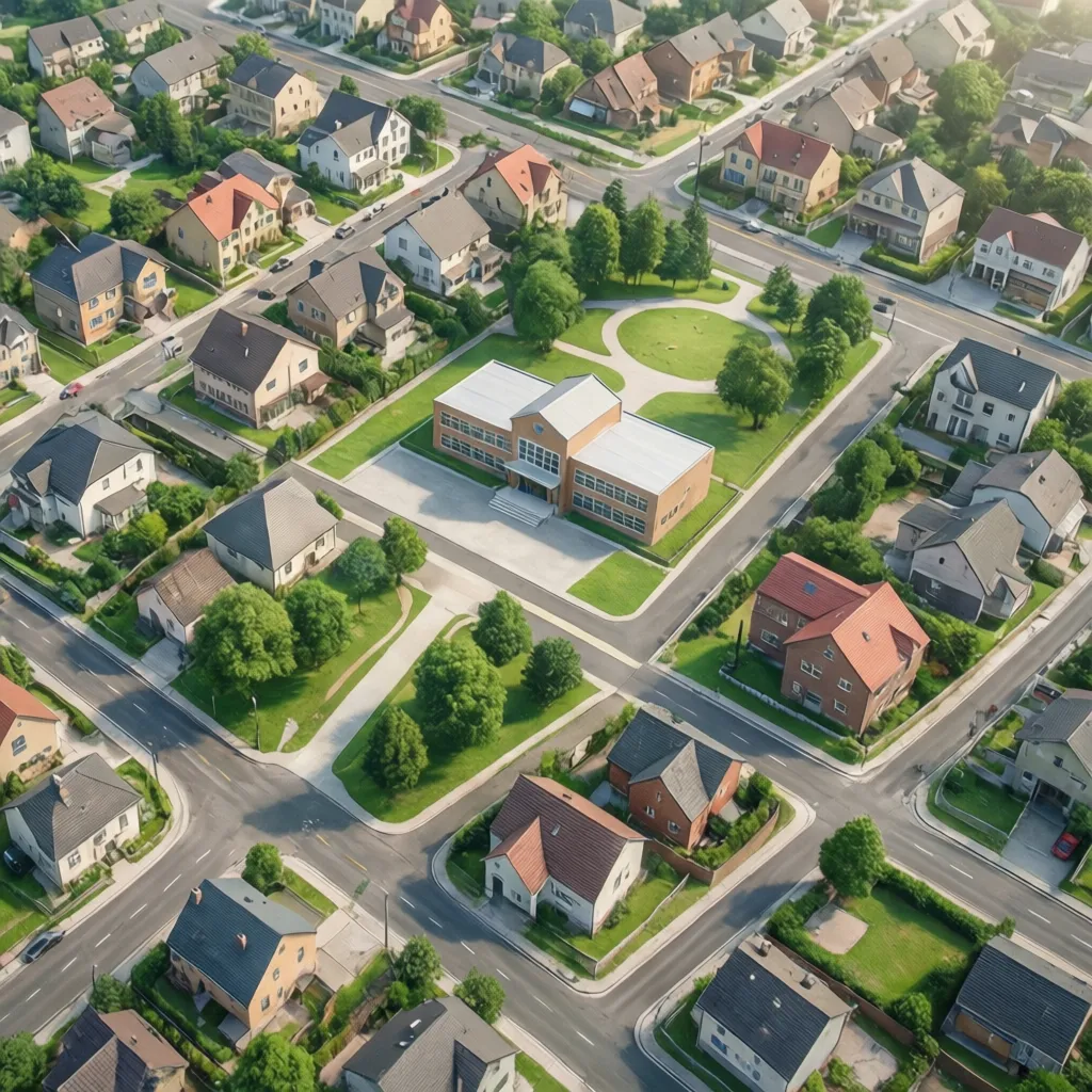 Aerial view of suburban neighborhood with red roof houses and a school building in center