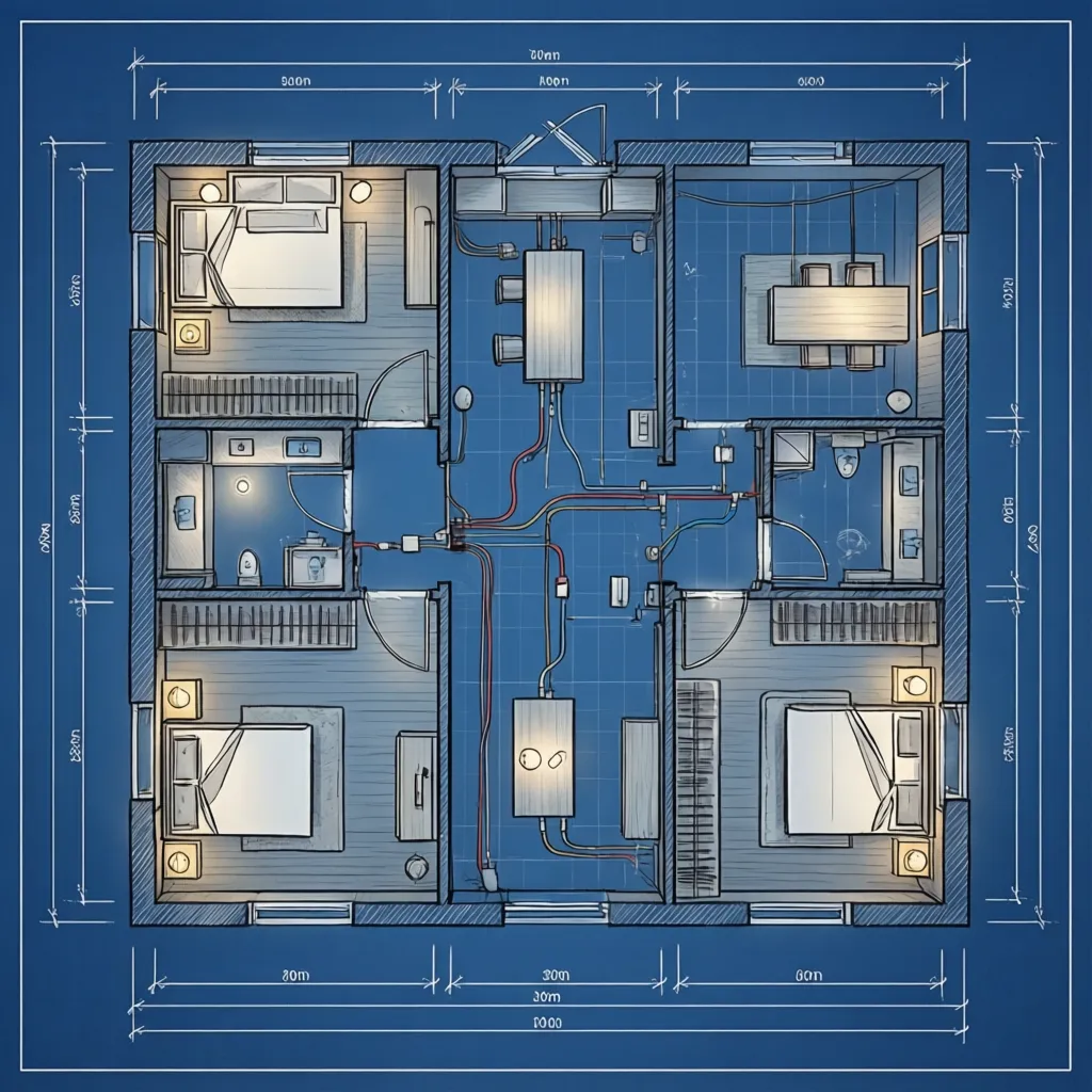 Interior design drawing of home layout with bedrooms bathrooms kitchen and colored electrical wiring lines