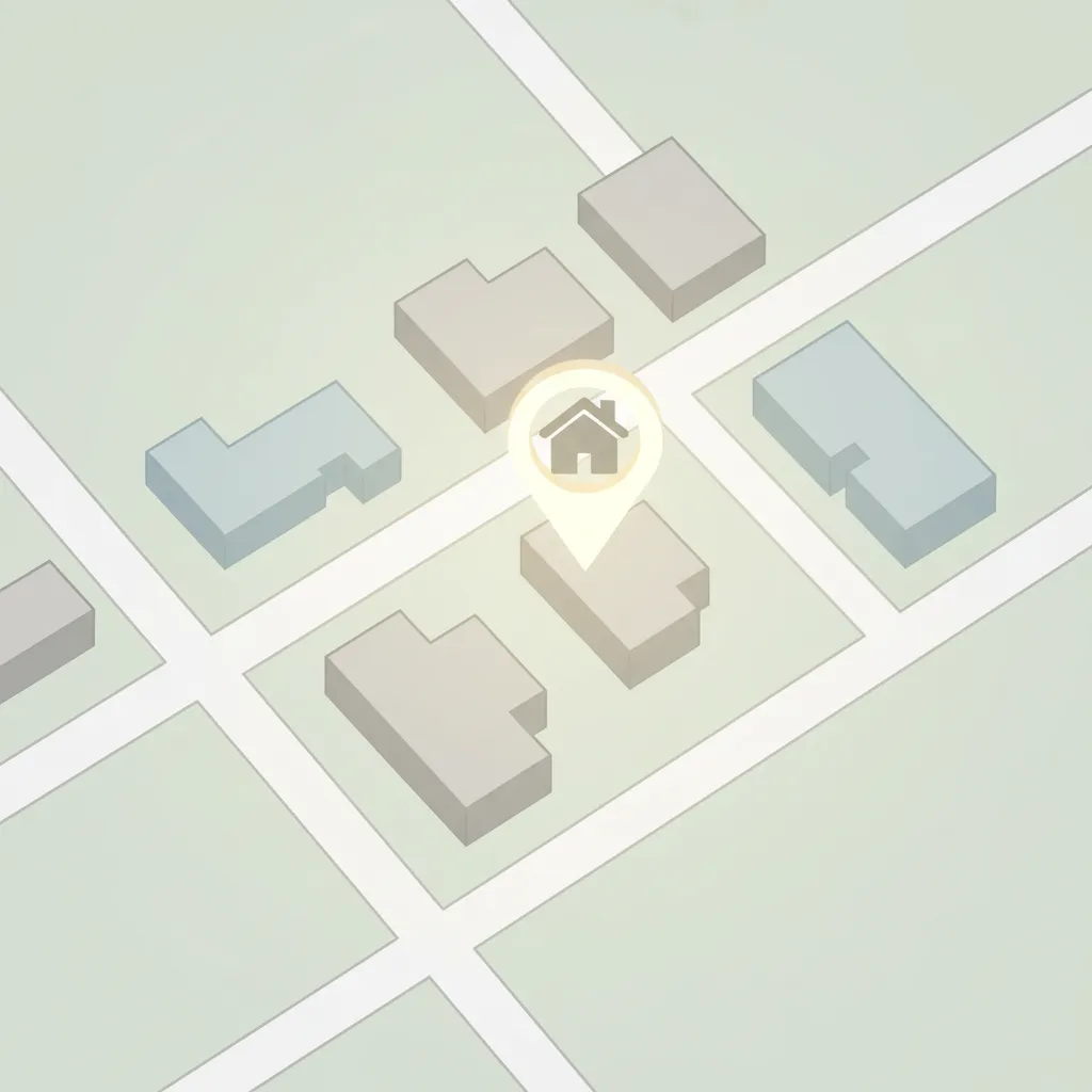 Denah lokasi sederhana dengan icon rumah sebagai penanda tujuan