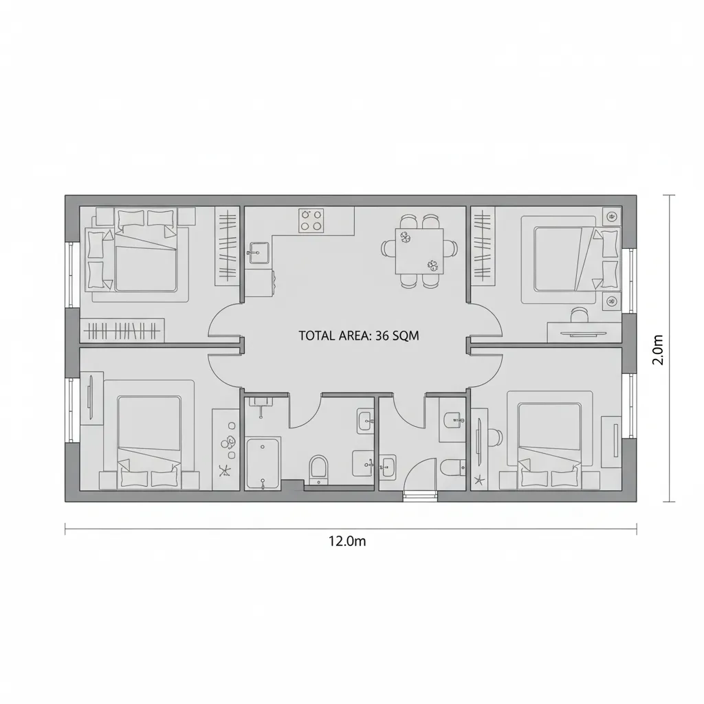 Horizontal floor plan design showing four small bedrooms kitchen dining area and two small bathrooms
