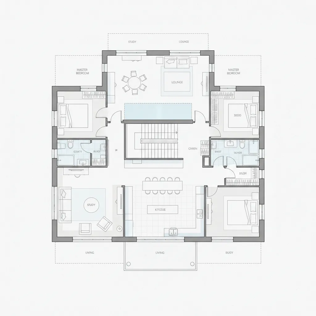 Coohom 2D floor plan showing a house layout with bedrooms kitchen living area and central stairs