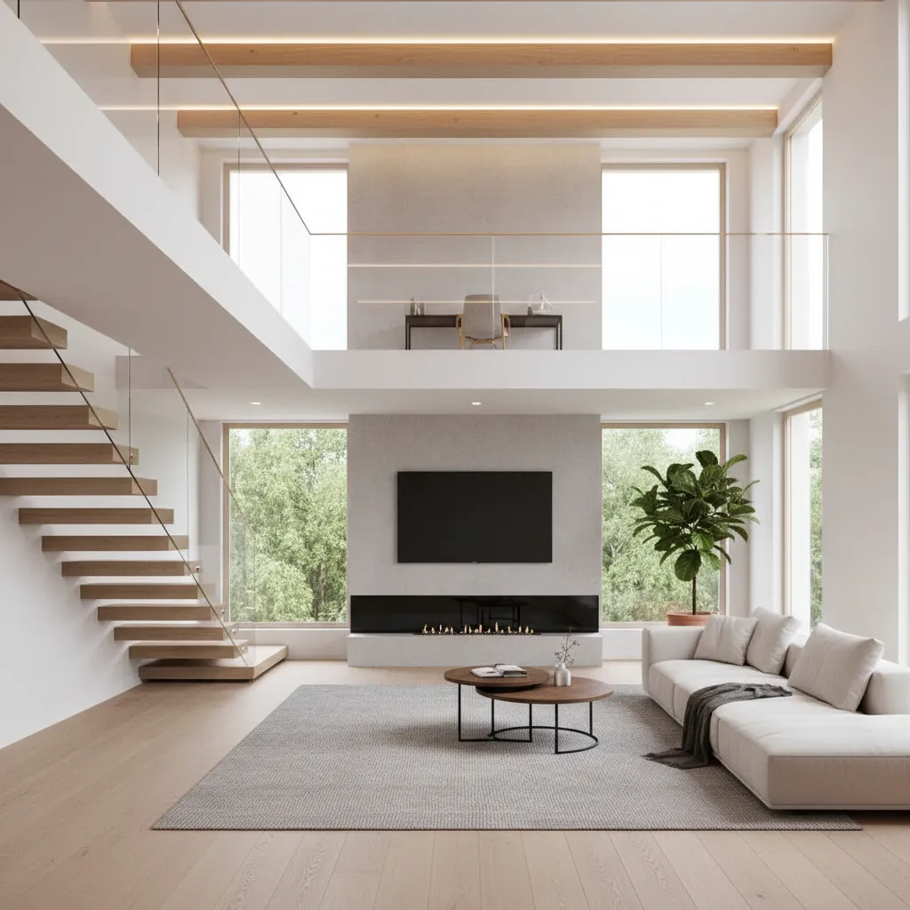 Modern living room with white sofa wooden stairs fireplace and a loft style home office