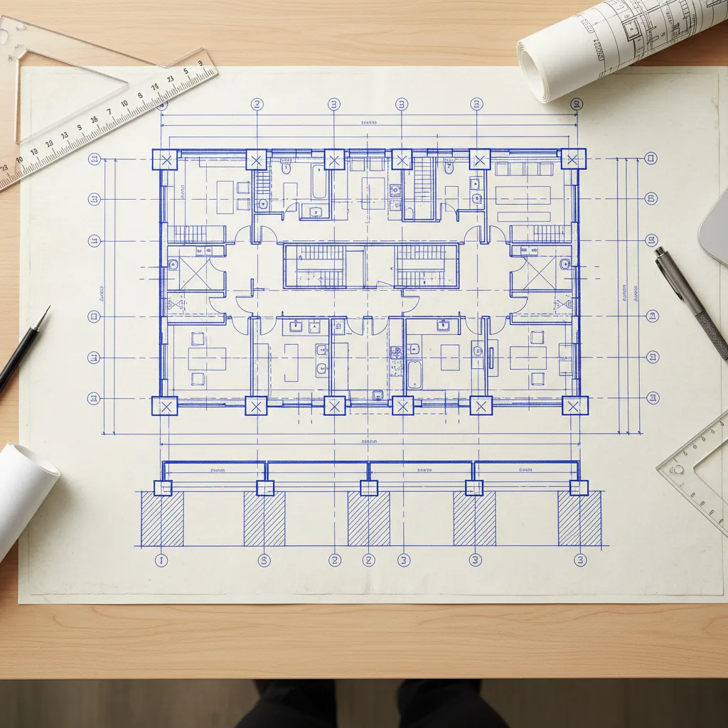 Denah pondasi dengan grid kolom rumah dua lantai