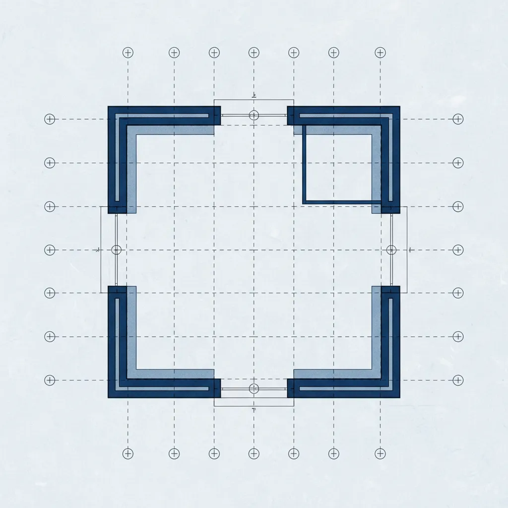 Blue grid floor plan drawing showing thick walls and room layout for a new house