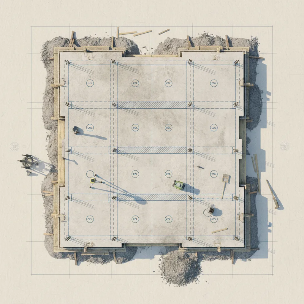 Top down view of concrete house foundation with grid lines and construction markers on site