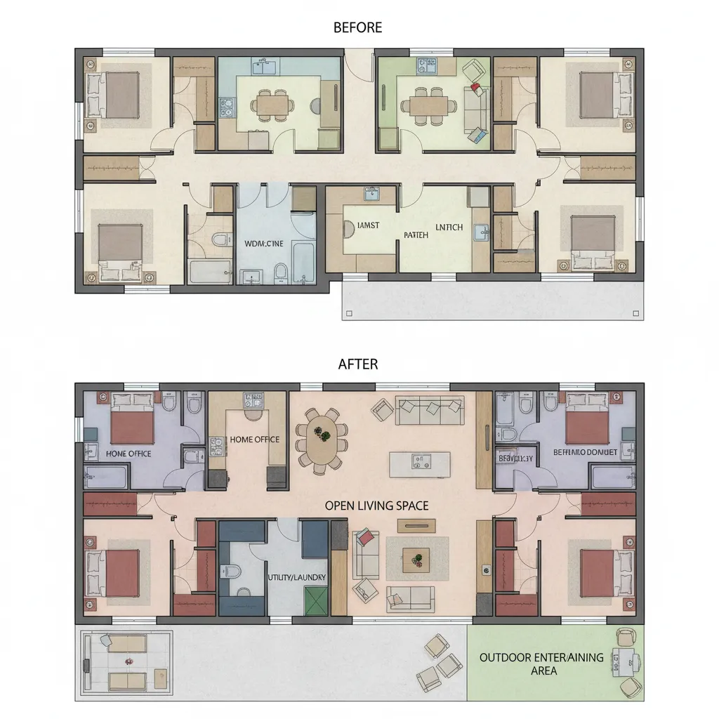 Before and after comparison of home renovation layout showing original rooms and new open space