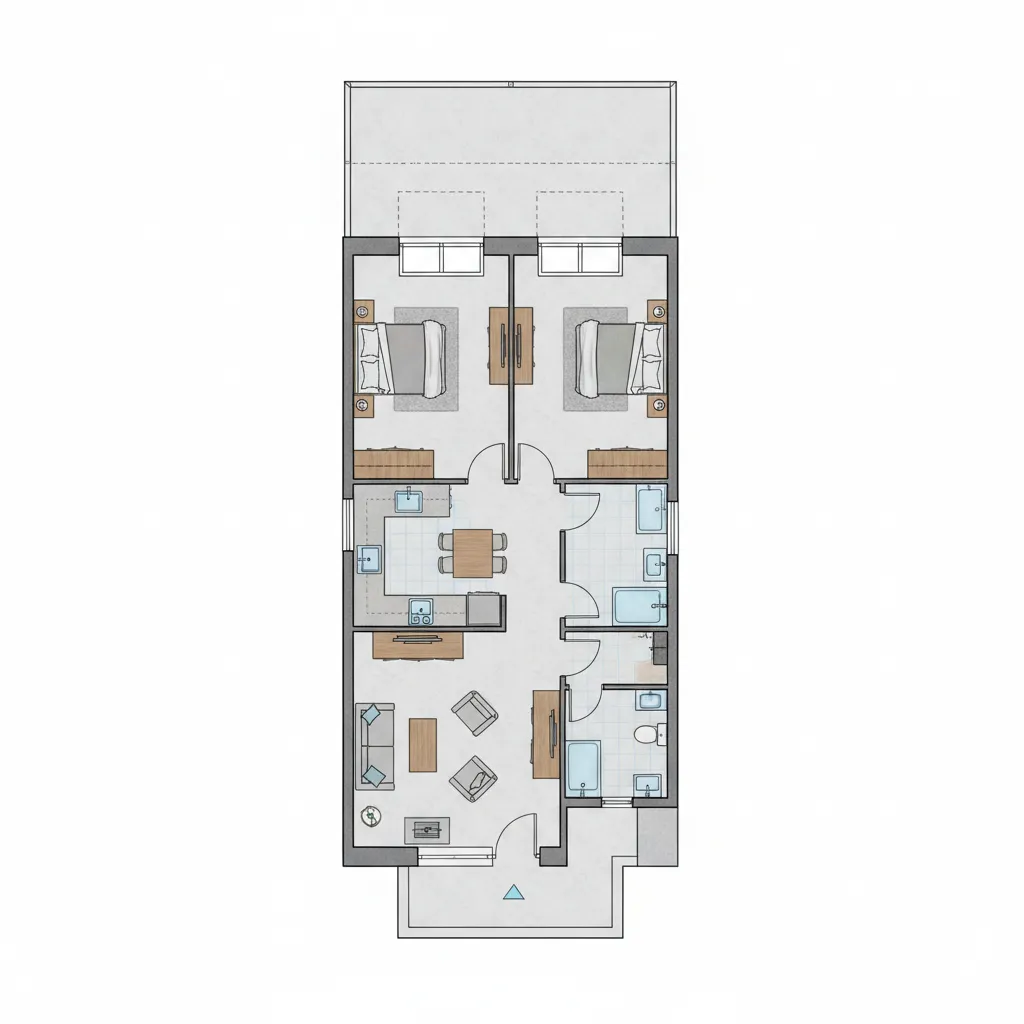 Linear 2D room layout showing two bedrooms living area kitchen two bathrooms and a front balcony