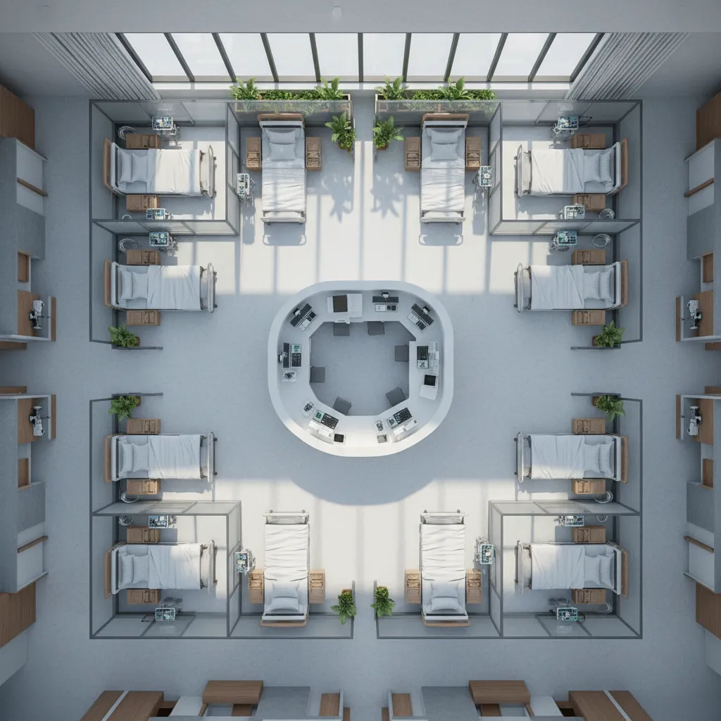 Top down interior design drawing of a hospital floor plan with a central nurse station