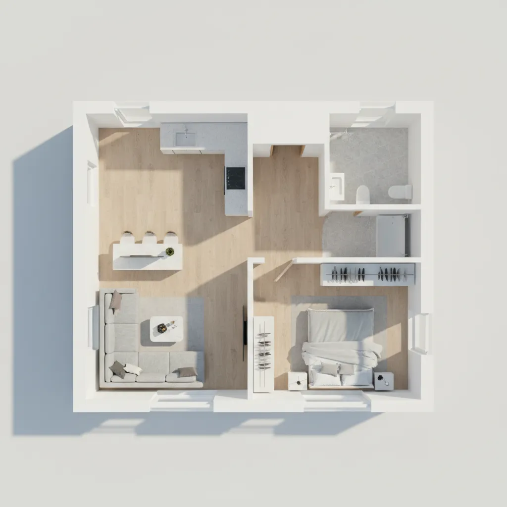 3D interior design drawing of a modern home with gray sofa and light wood floors