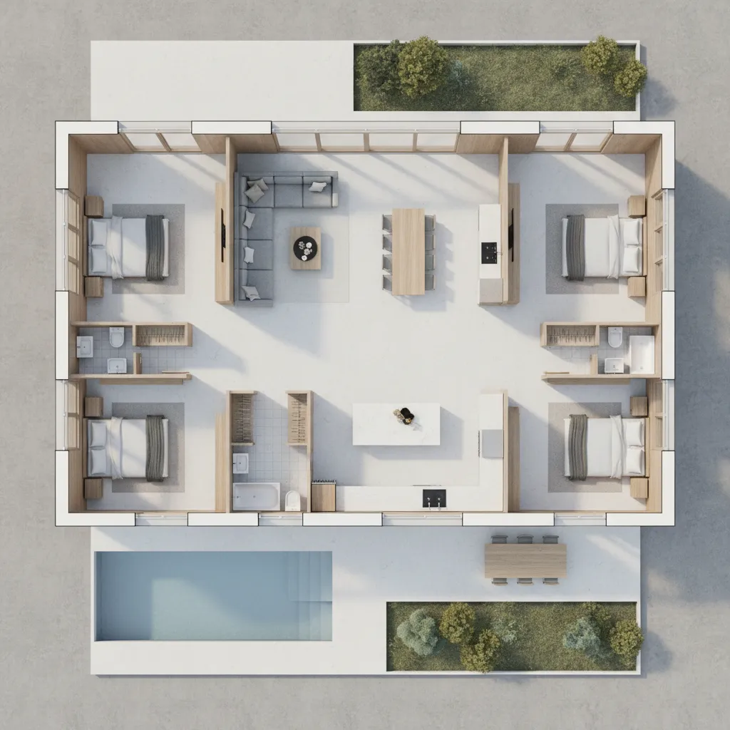 Modern house floor plan with four bedrooms, large living space, outdoor pool, and garden areas