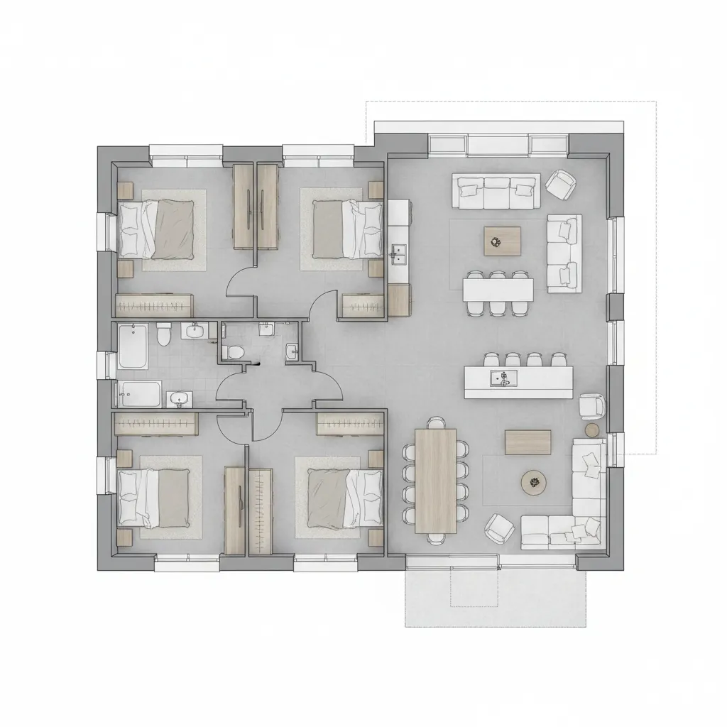 Interior design drawing showing a four bedroom house with large living room and dining area