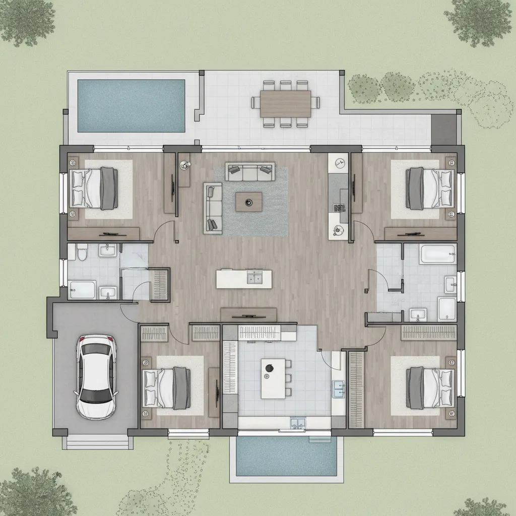 Denah Rumah 1 Lantai 4 Kamar Tidur dan Garasi