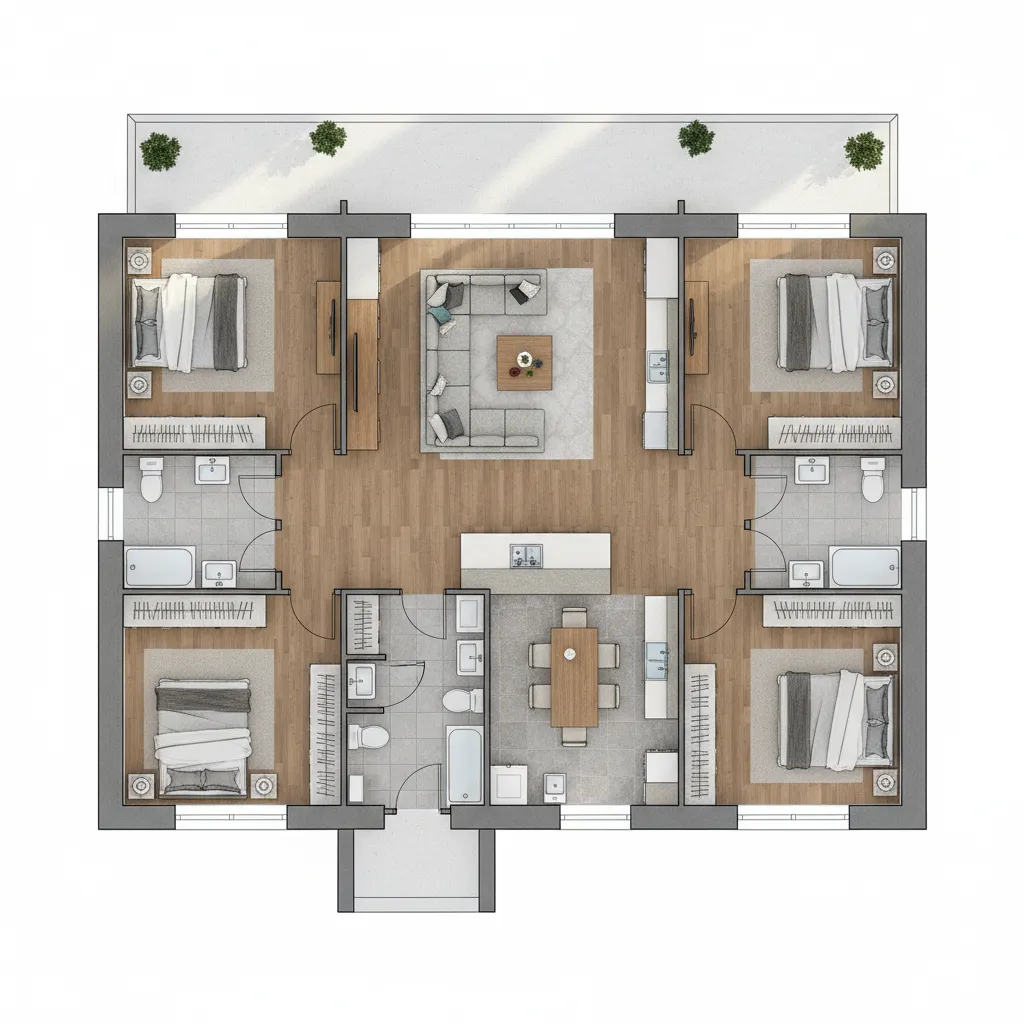 Coohom interior design drawing of a four bedroom house with wood floors and central sofa