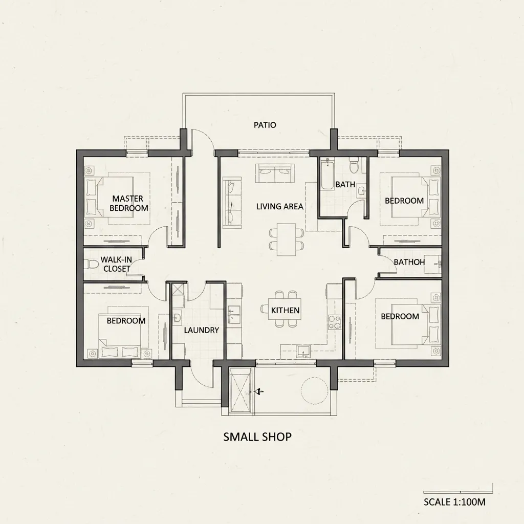 Small shop floor plan including three bedrooms laundry kitchen living area patio and two bathrooms