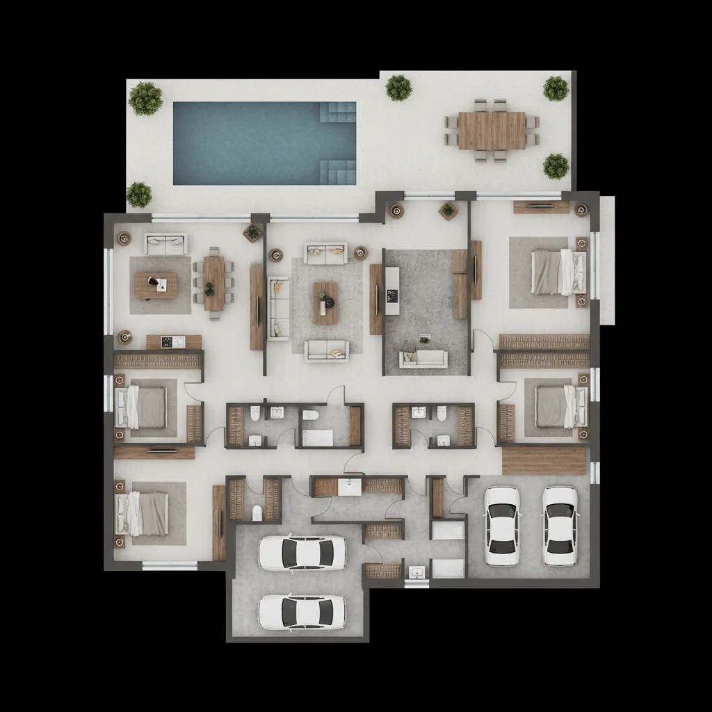 Large house floor plan with swimming pool garage four bedrooms living area and outdoor dining