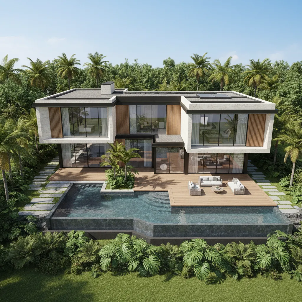 Modern large house with glass windows wooden deck outdoor sofa swimming pool and green garden