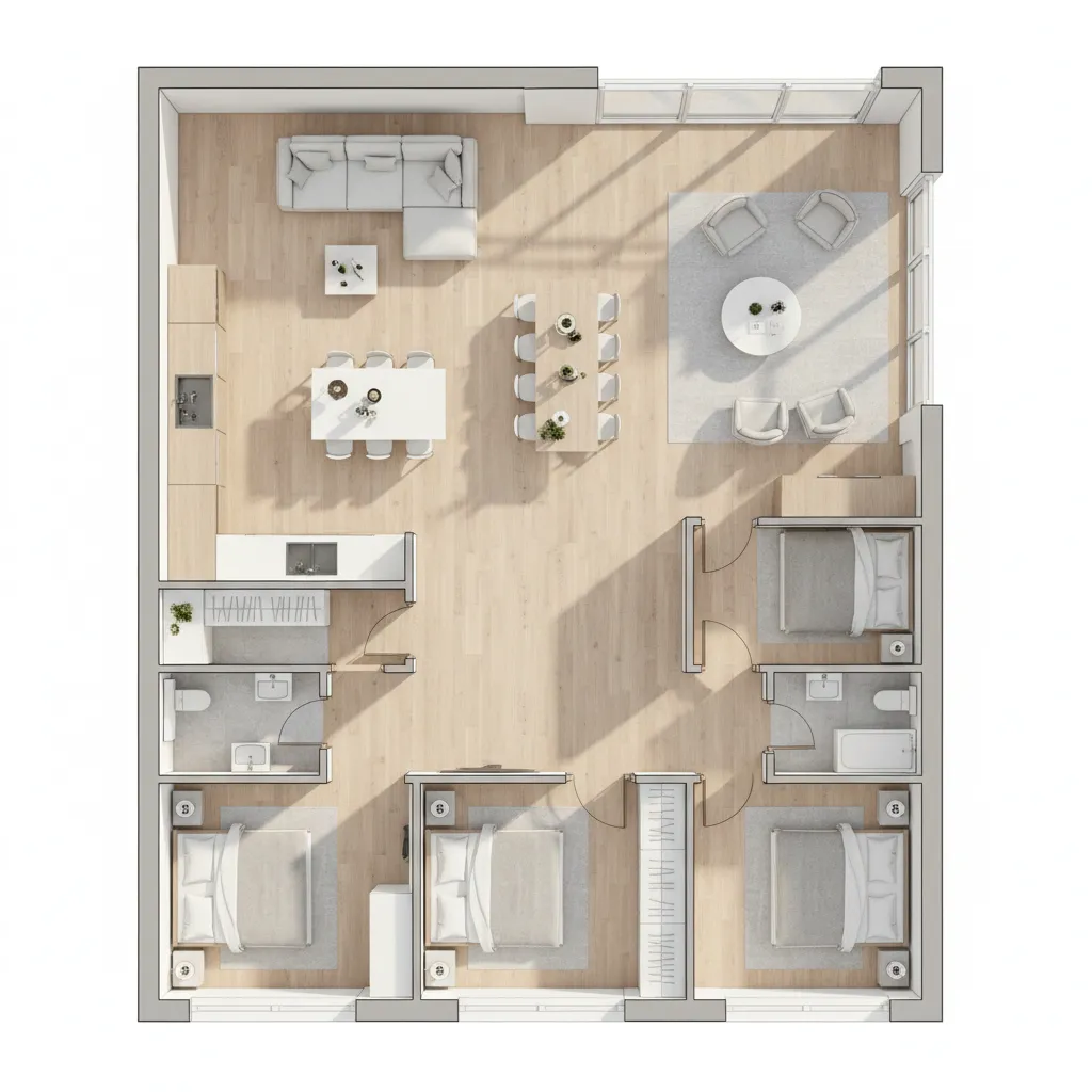 Three bedroom interior design drawing showing a modern home layout with kitchen and living spaces