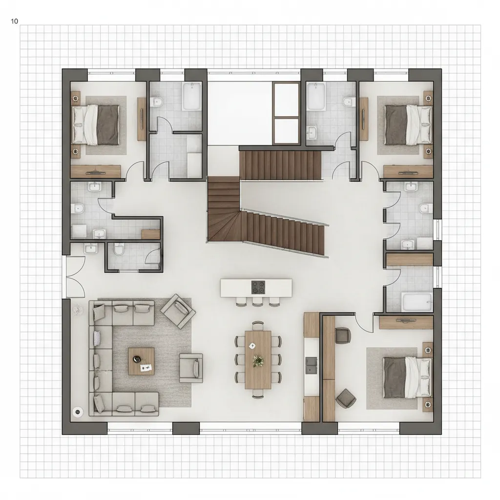 Detailed 2D house floor plan showing bedrooms bathrooms living area kitchen and central wooden staircase