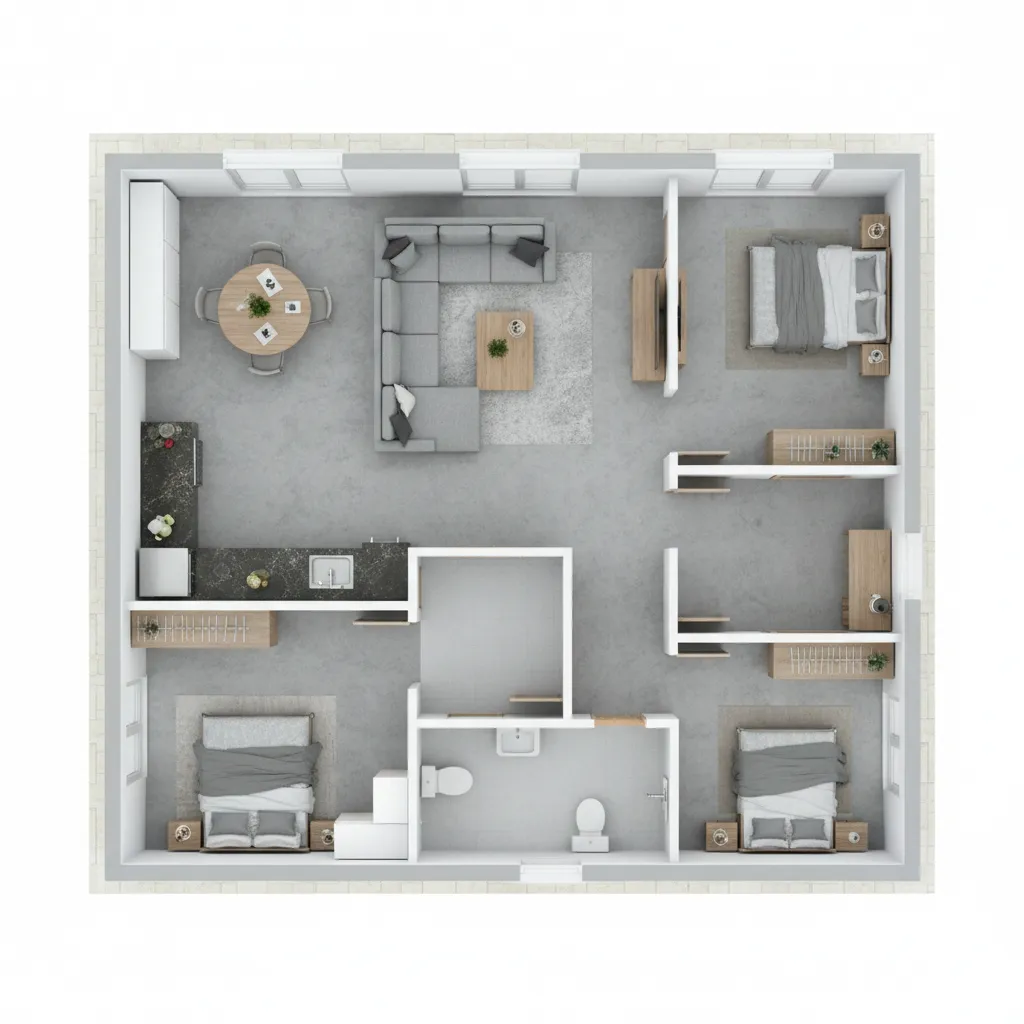 Contoh denah rumah 10x10 dengan tiga kamar tidur