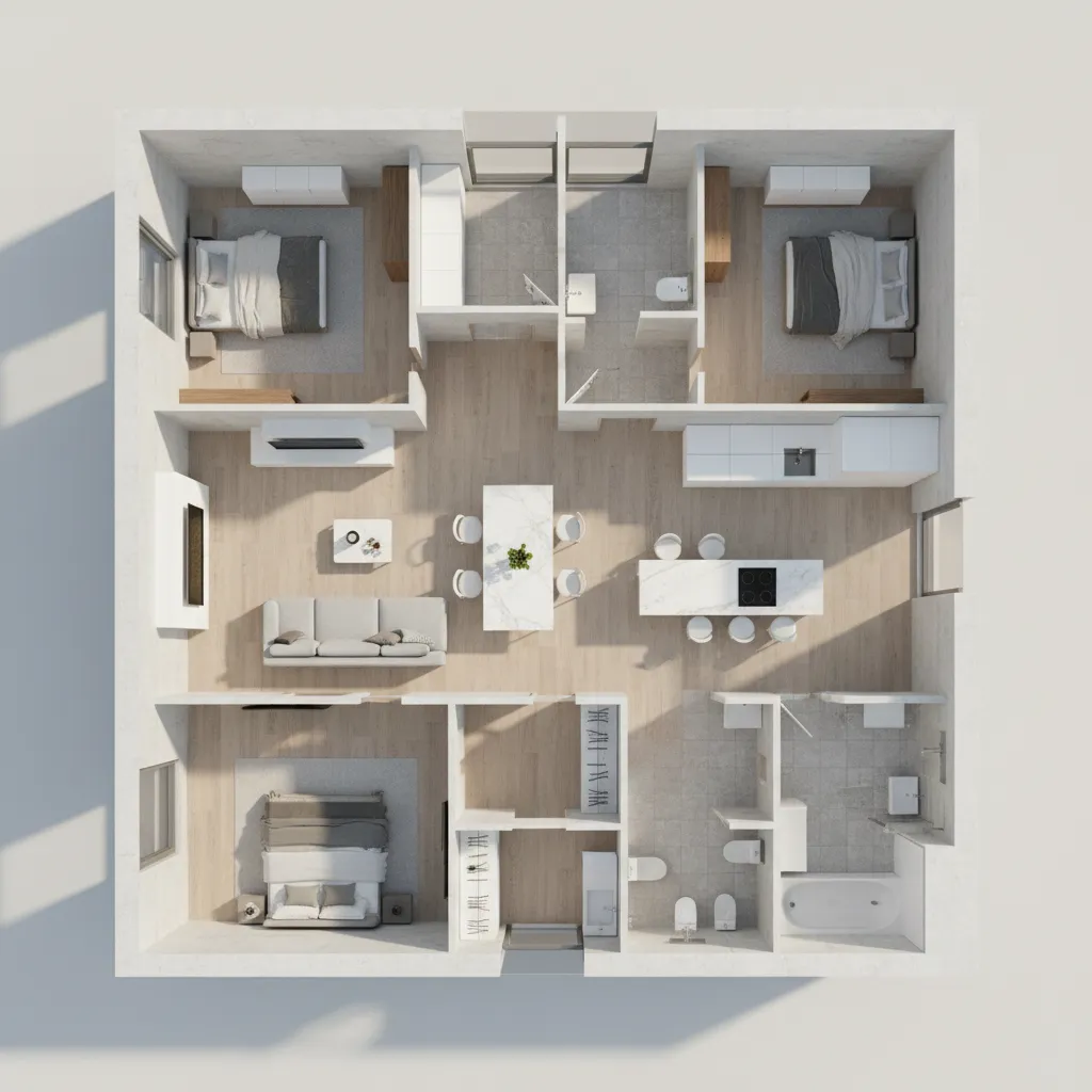 Three bedroom 3D interior design drawing featuring a white sofa kitchen island and wood flooring