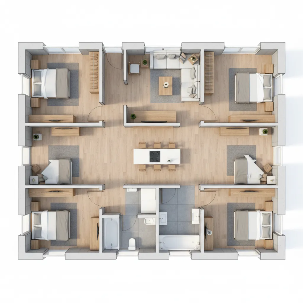 Modern interior design drawing showing four bedrooms, a living room, bathrooms, and a kitchen island