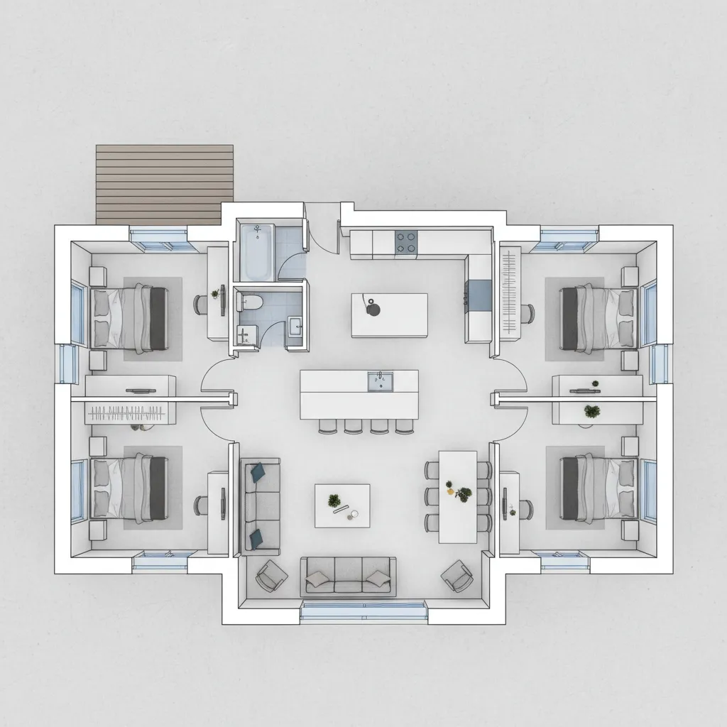 Detailed house floor plan with four bedrooms kitchen living area dining table and outdoor deck