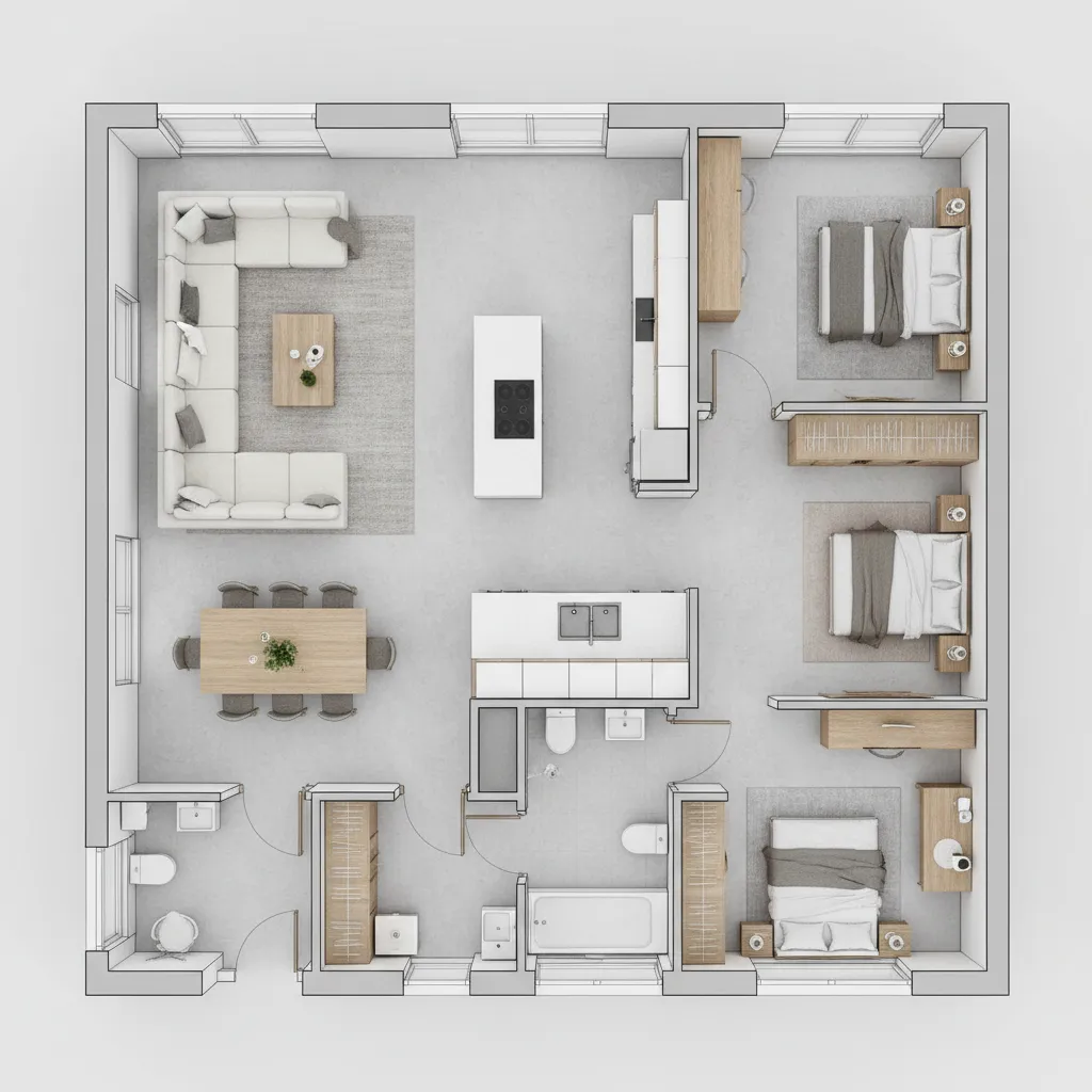 Modern three bedroom apartment interior design drawing with large living area kitchen island and furniture