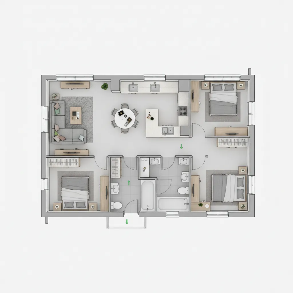 Contoh denah rumah 10x12 dengan tiga kamar tidur