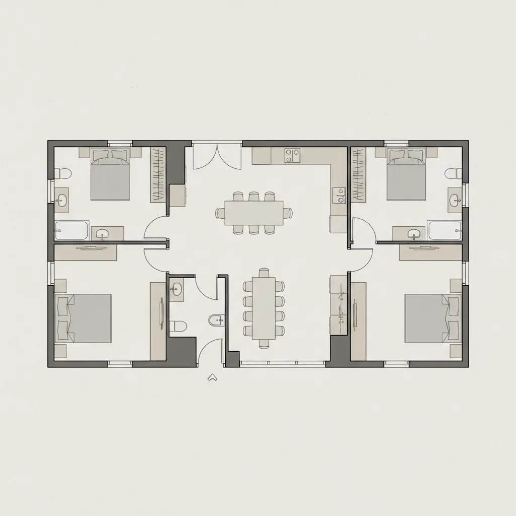 Detailed 2D house floor plan with four bedrooms and two dining tables in open layout
