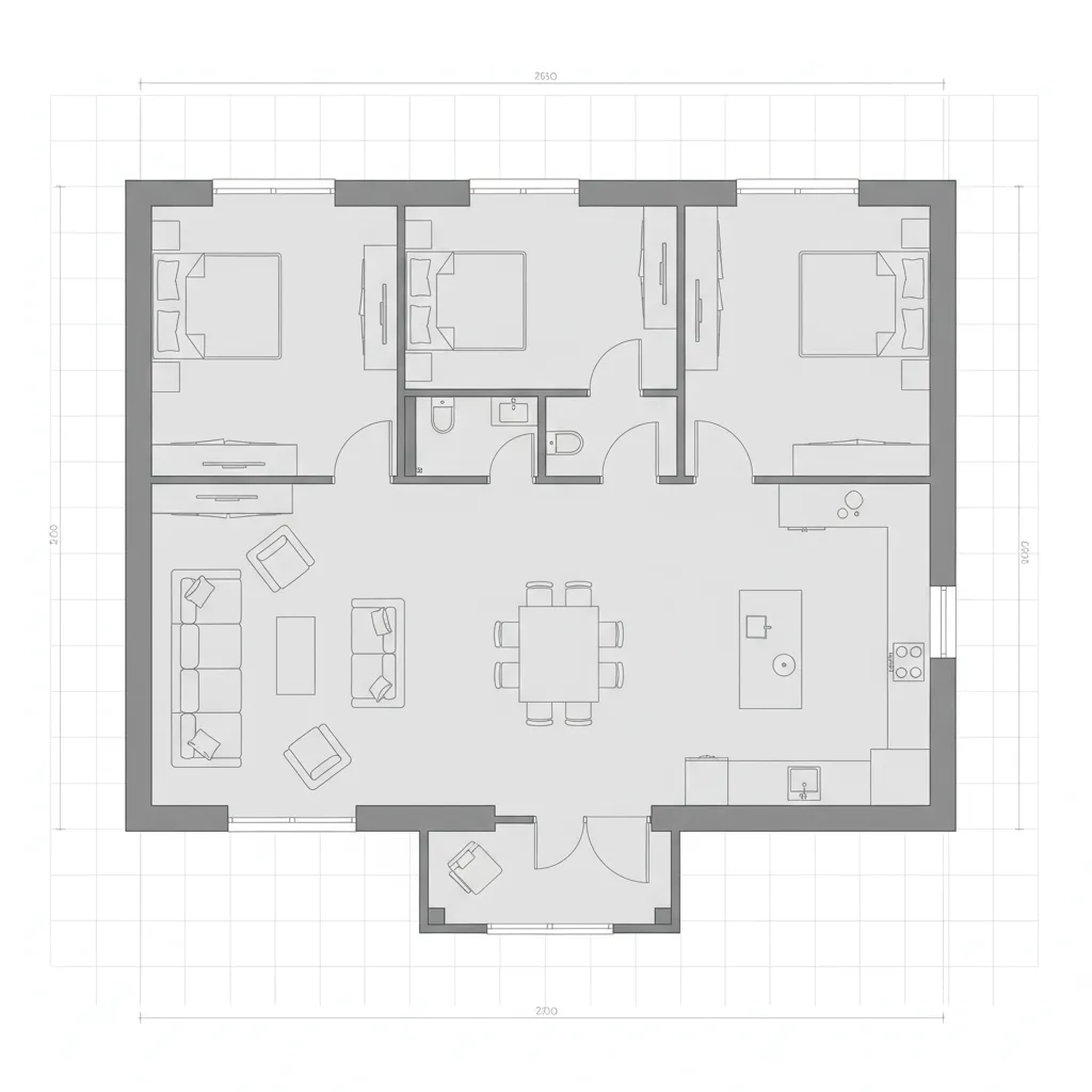 Denah rumah 10x12 dengan tiga kamar tidur