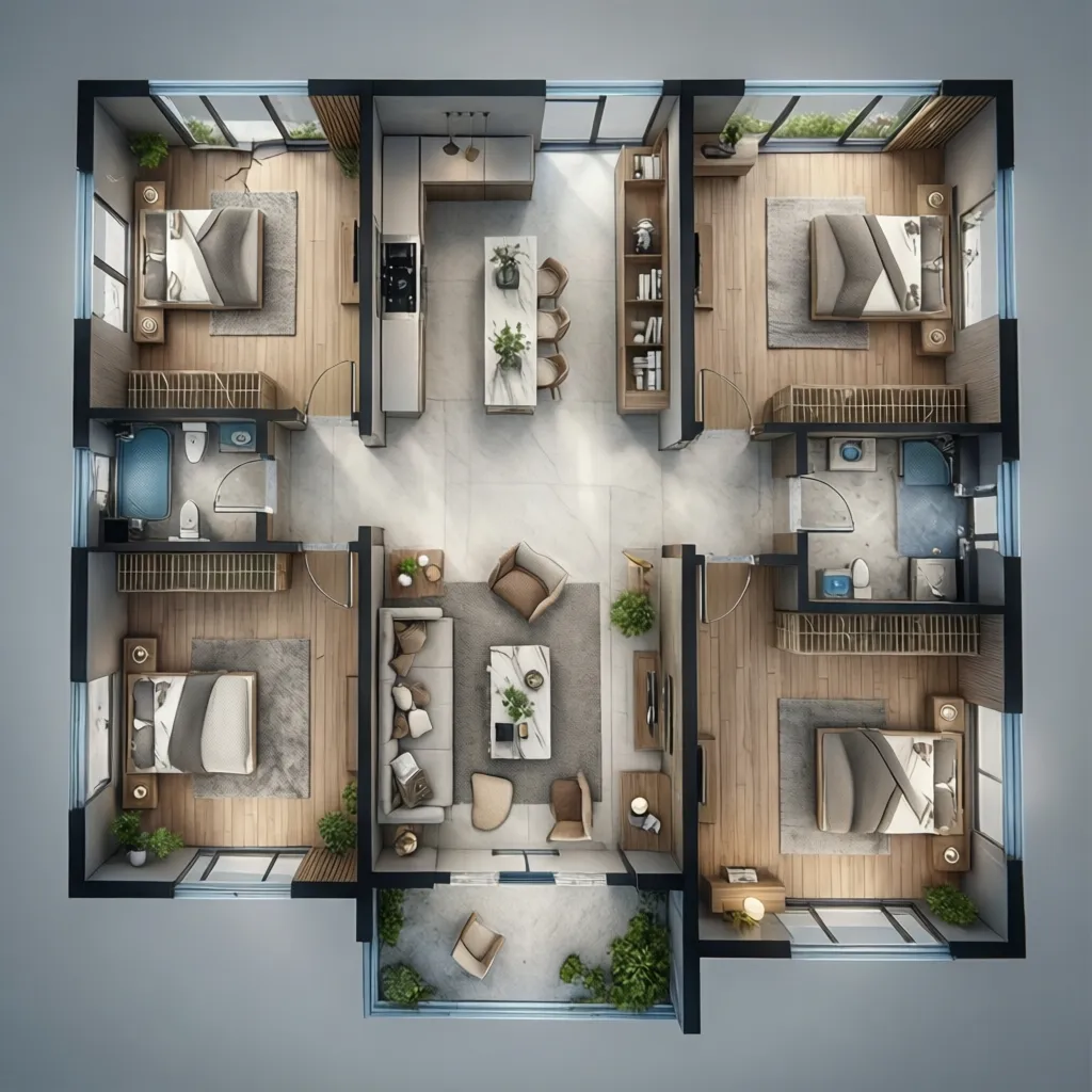 3D interior design drawing showing a house layout with four bedrooms and a central kitchen