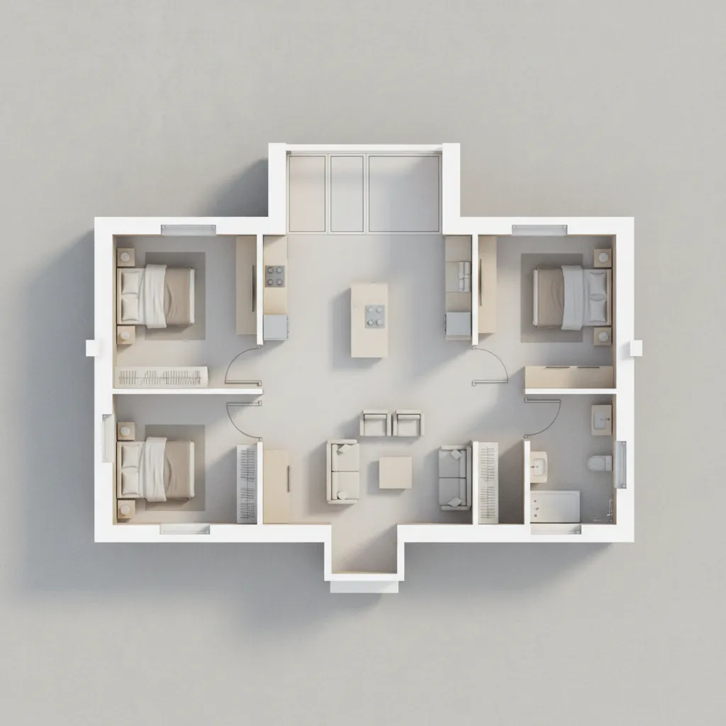 Minimalist 3D interior design drawing featuring three bedrooms a kitchen island and neutral furniture pieces