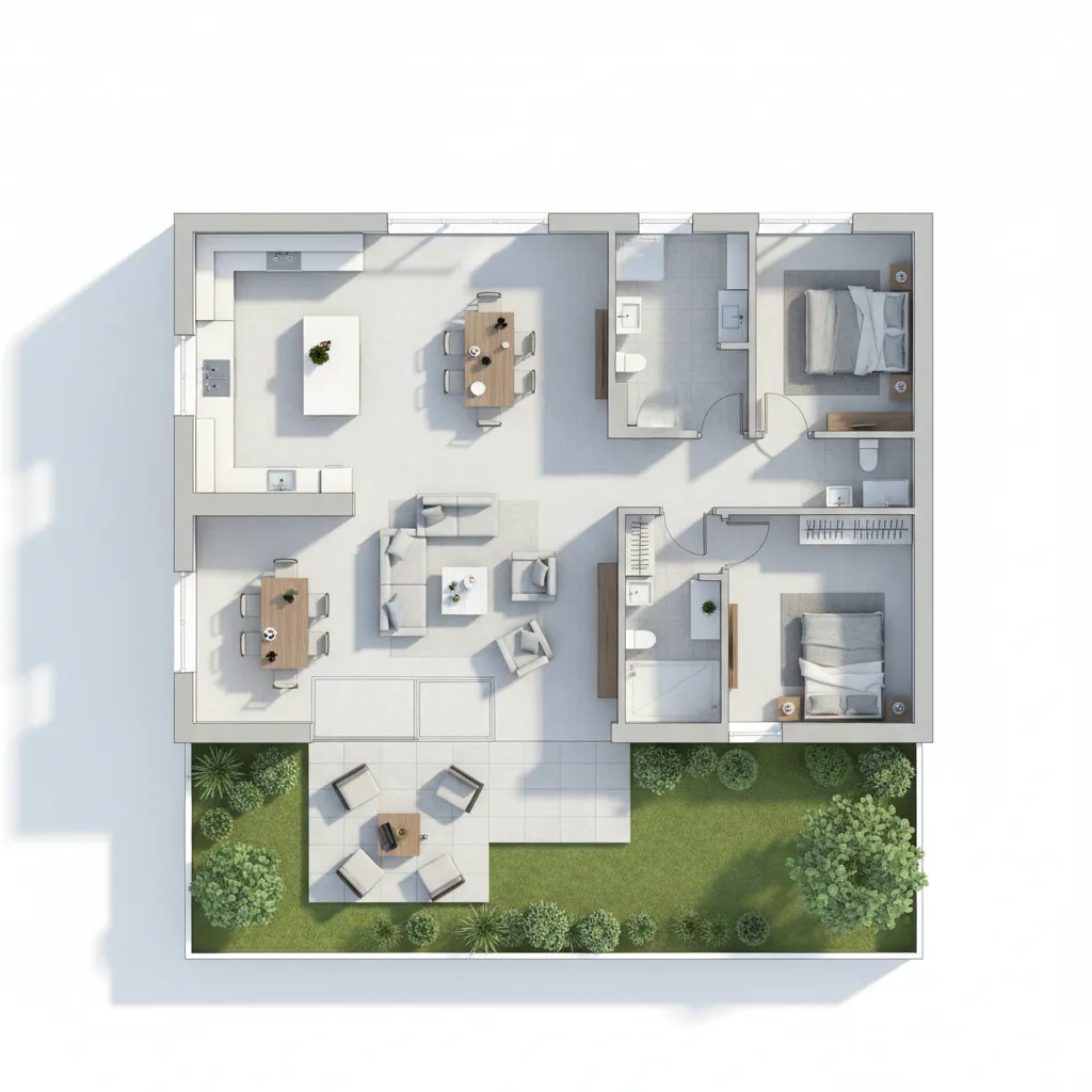 Interior design drawing of two bedroom house with open living area kitchen terrace and garden