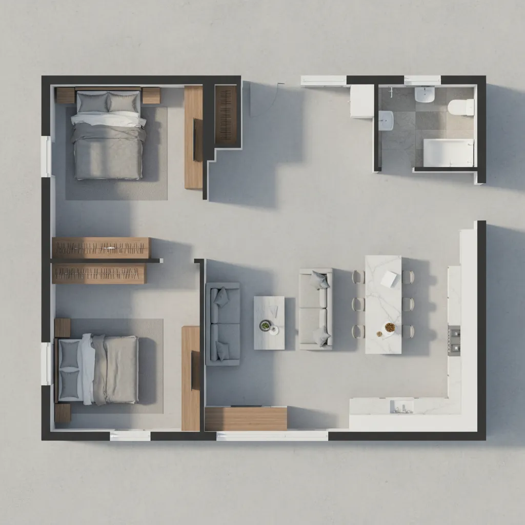 3D interior design drawing showing two bedrooms living room kitchen and bathroom in modern style