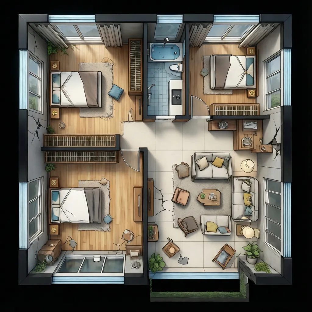 Three bedroom interior design drawing showing living room with sofas wooden floors and a blue bathroom