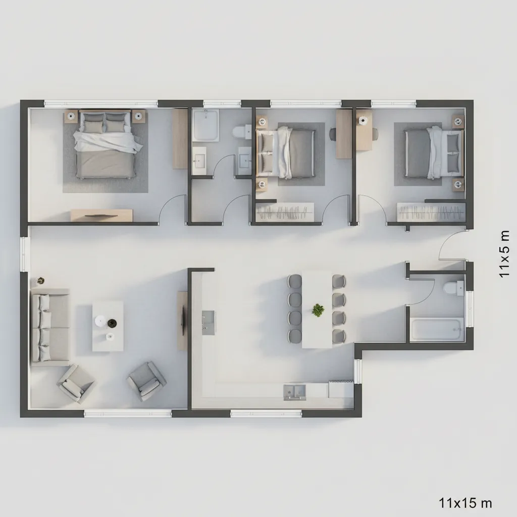 Three bedroom house layout showing living area kitchen dining space and two modern bathroom designs